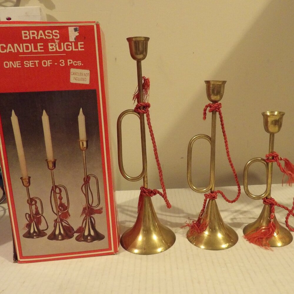 + Brass Bugle Graduated Taper Candle Holders W/ Rope & Box Set 3 VTG